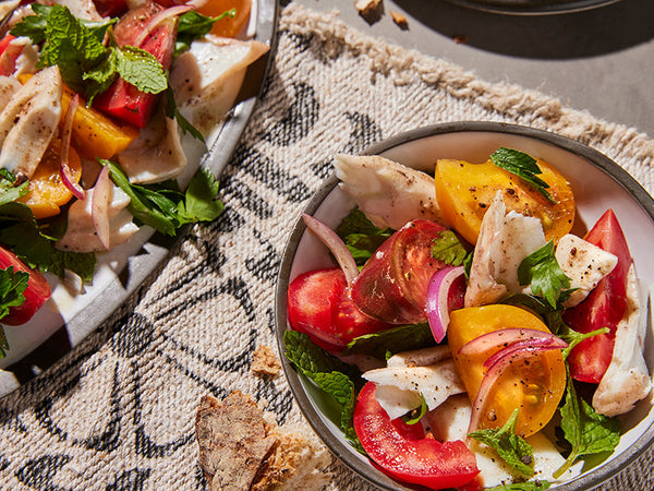 Tomato Salad with Poached Alaska Halibut and Mint Recipe