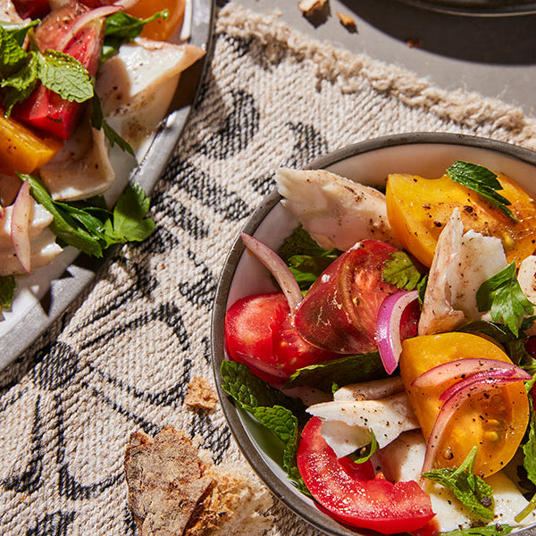 Tomato Salad with Poached Alaska Halibut and Mint Recipe