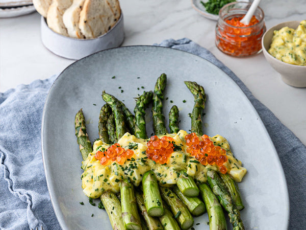 Green Asparagus with Gribiche Sauce & Salmon Roe Topping Recipe