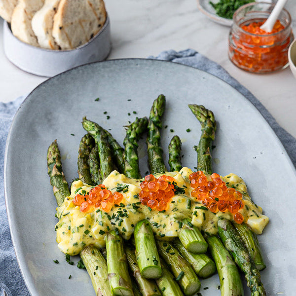 Green Asparagus with Gribiche Sauce & Salmon Roe Topping Recipe