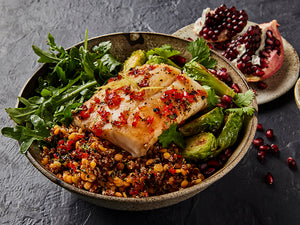 Honey-Glazed Alaska Cod Bowl with Quinoa, Lentils & Roasted Brussels Sprouts Recipe