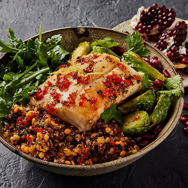 Honey-Glazed Alaska Cod Bowl with Quinoa, Lentils & Roasted Brussels Sprouts