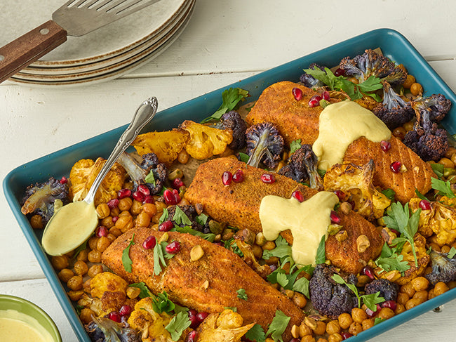 Spice-Rubbed Salmon with Cauliflower and Chickpeas Recipe