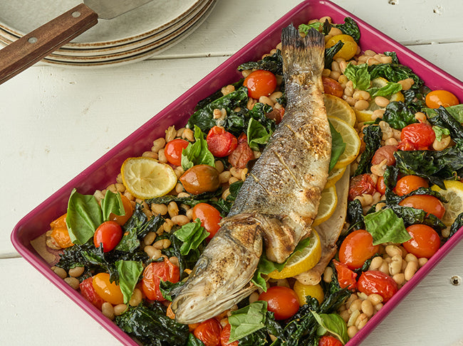 Branzino with Lacinato Kale, Tomatoes & White Beans