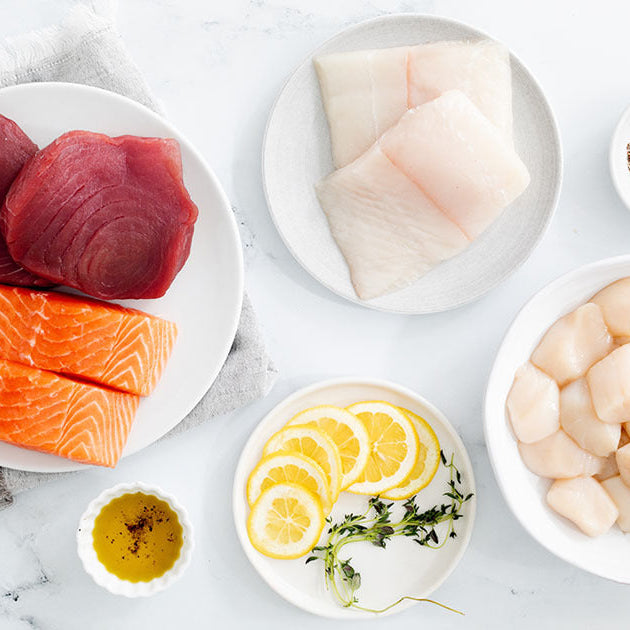 Salmon, Halibut, Tuna Steaks, and Scallops on Plates with Lemons, Herbs, and Seasonings on Marble Surface