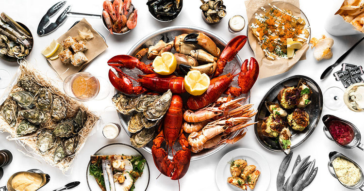 Assortment of Prepared Seafood on Plates
