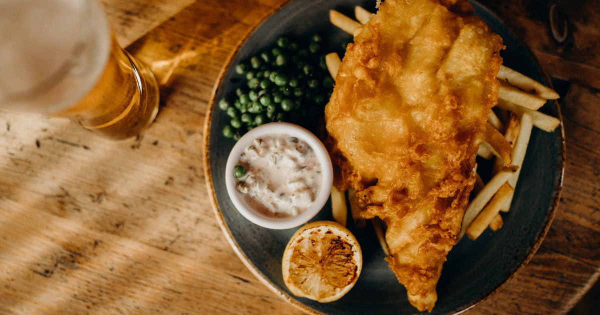 Beer Battered Fish n Chips with Tall Glass of Beer