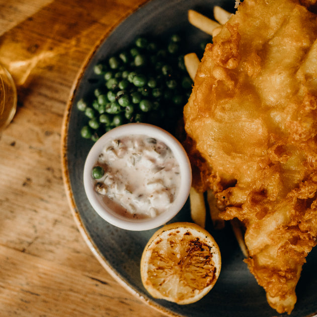 Beer Battered Fish n Chips with Tall Glass of Beer