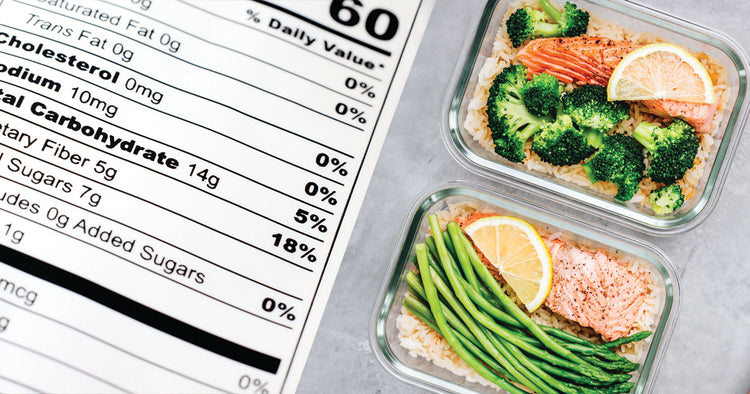 Part of a Nutrition Panel Next to Healthy Dishes of Seafood