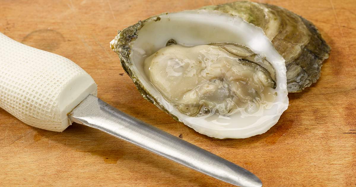Freshly Shucked Oyster on Wooden Surface with Oyster Knife