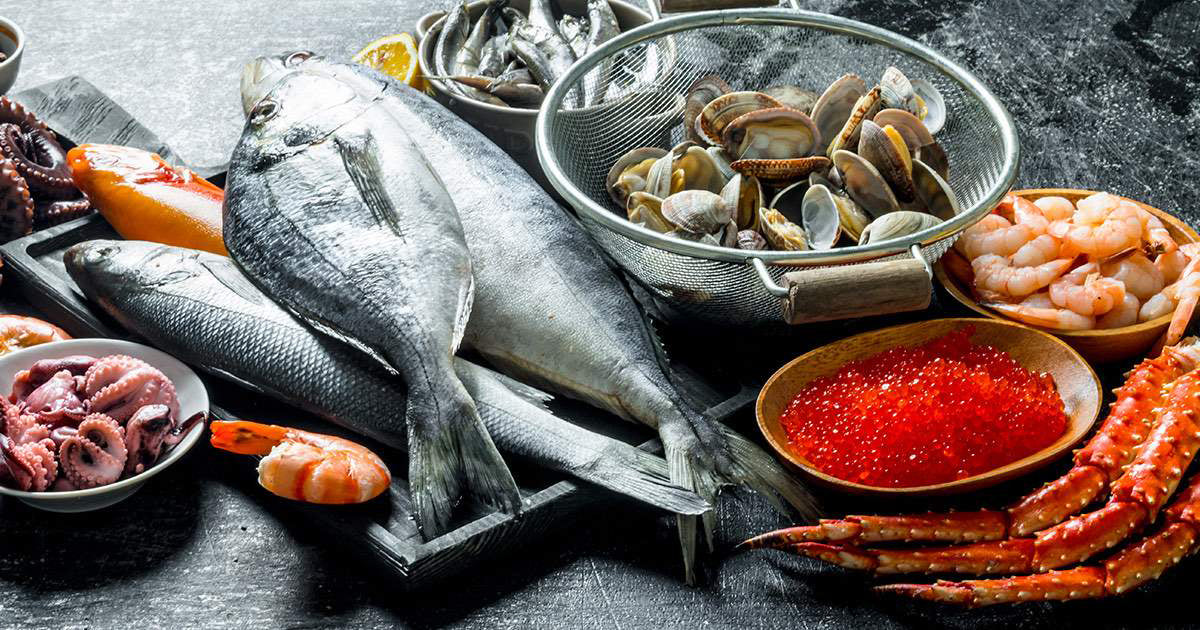 Assortment of Seafood on Dark Surface