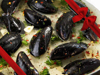 PEI Mussels in Pot with White Wine, Herbs and Spices plus Gift Bow Graphic on Top Right