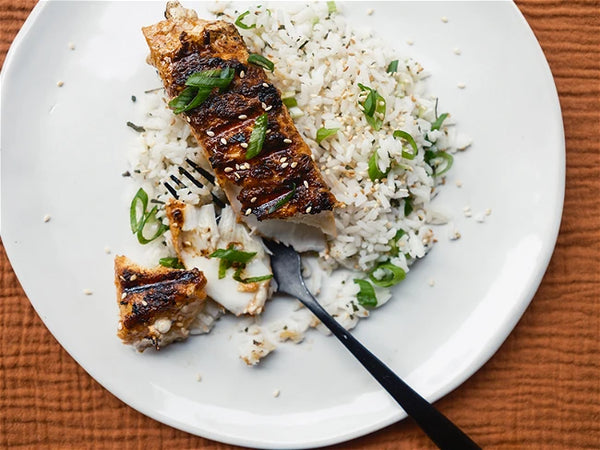 Grilled Halibut Portion Over Rice