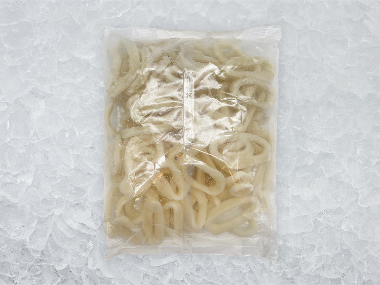 Back of Wild Calamari Rings package on ice