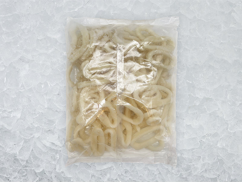 Back of Wild Calamari Rings package on ice