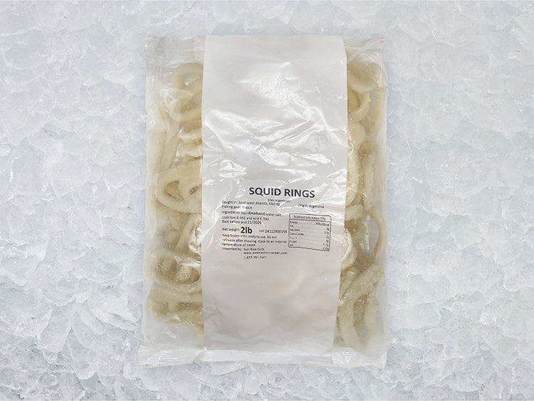 Front of Wild Calamari Rings package on ice