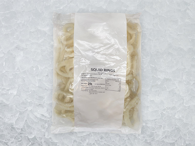Front of Wild Calamari Rings package on ice