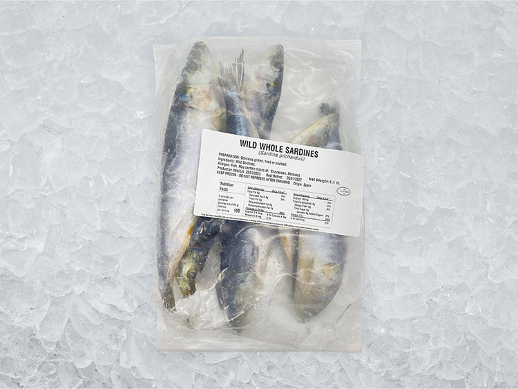 Wild Whole Sardines front of package on ice