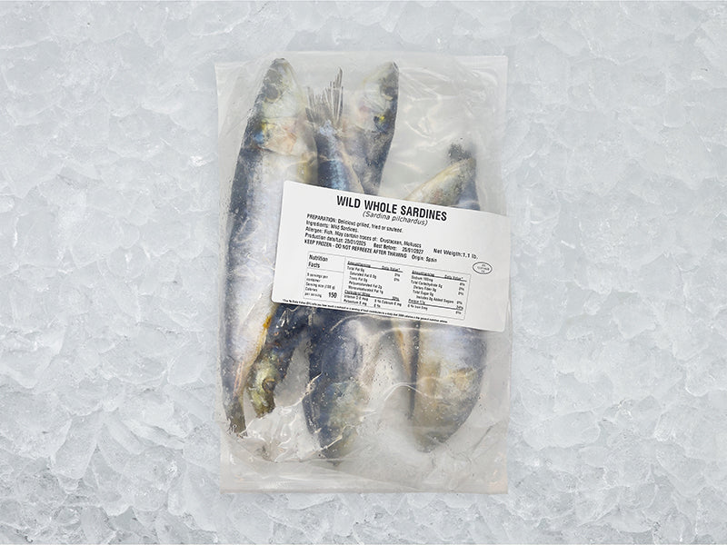 Wild Whole Sardines front of package on ice