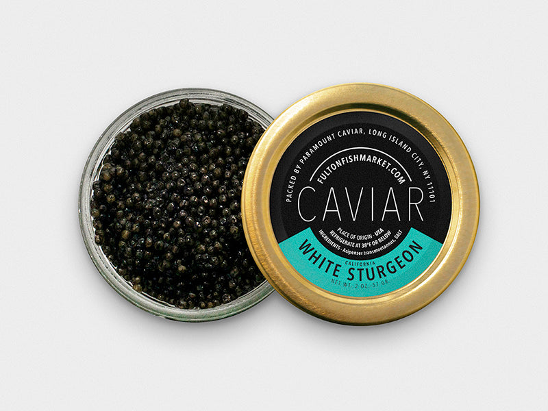 California White Sturgeon Caviar Jar Opened on Light Background