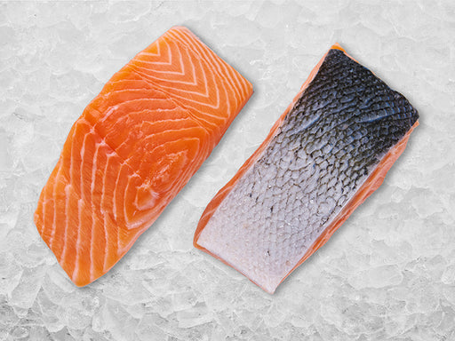 Atlantic Salmon portions skin up and skin down on ice