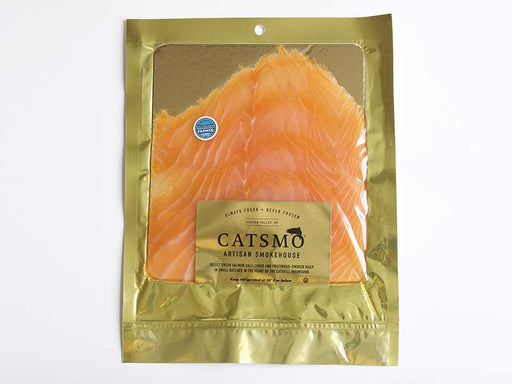 Catsmo Gold Label Smoked Salmon Package on White Background