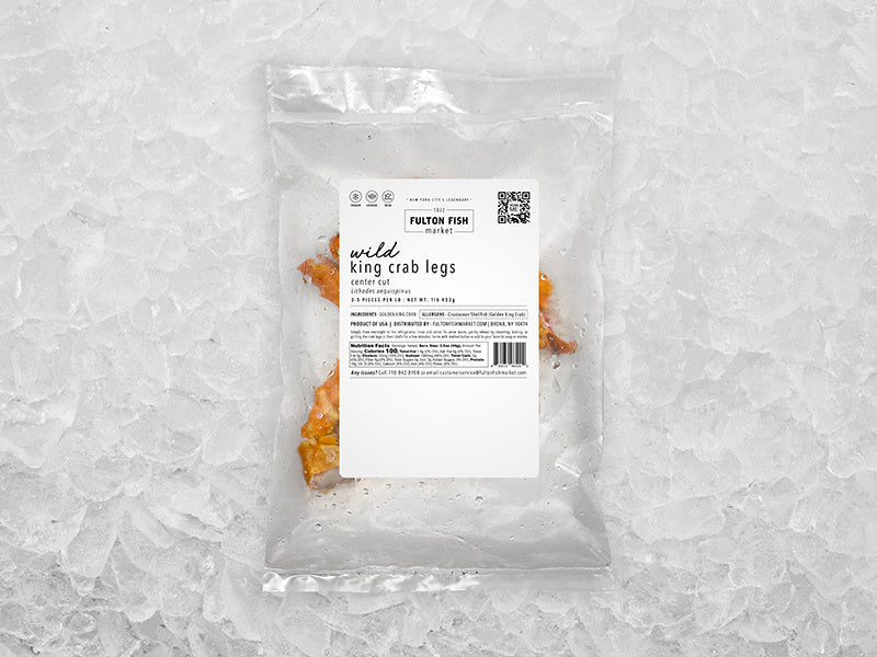 Wild Golden King Crab center cut legs in package on ice