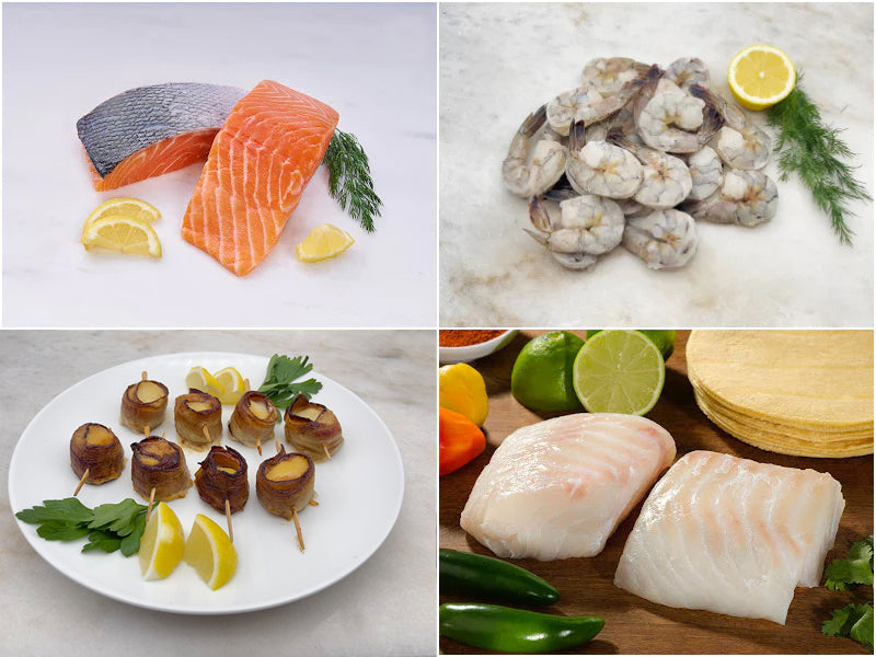 Salmon Portions, Peeled Shrimp, Bacon-Wrapped Scallops, Cod Portions