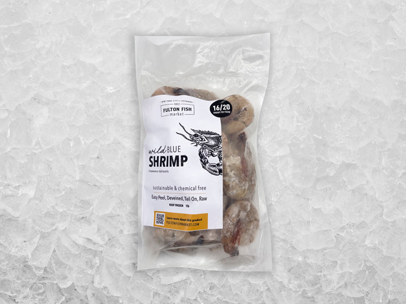 Wild Colossal Easy Peel Blue Shrimp Front of Package on Ice