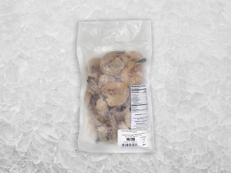 Wild Colossal Easy Peel Blue Shrimp Back of Package on Ice