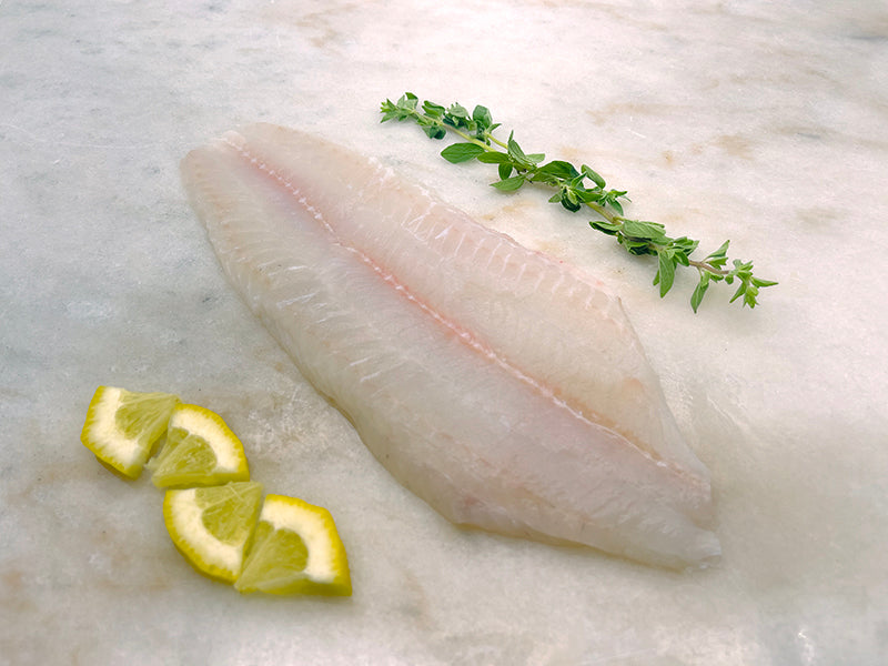 Dover Sole Fillet on marble with lemon and herbs
