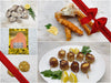 Peeled and Deveined Shrimp, Smoked Salmon, Crab Cakes, Center Cut Crab Legs, Bacon Wrapped Scallops with Gift Bow Graphic on Top Right