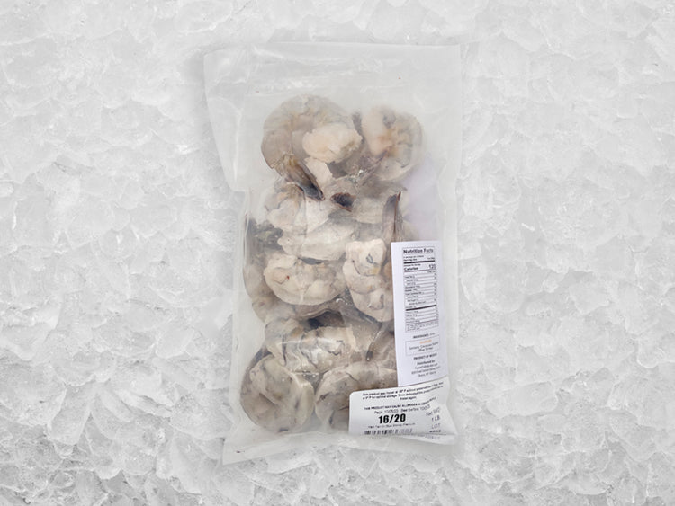Wild Colossal Peeled & Deveined Blue Shrimp Back of Package on Ice
