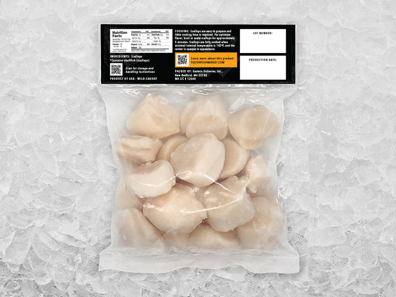 Wild Dry Sea Scallops Back of Package on Ice