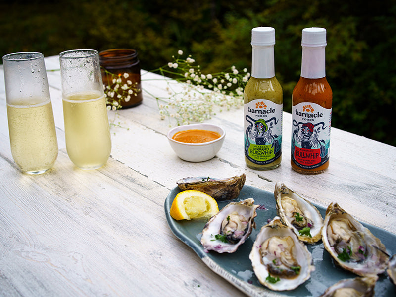 Barnacle Sauce Jars, oysters and wine