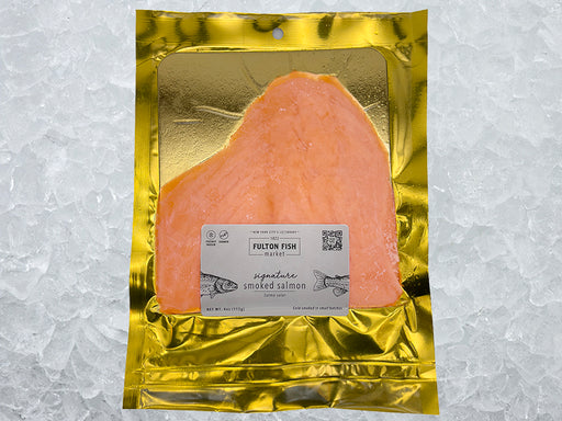 Signature Smoked Salmon front of package on ice