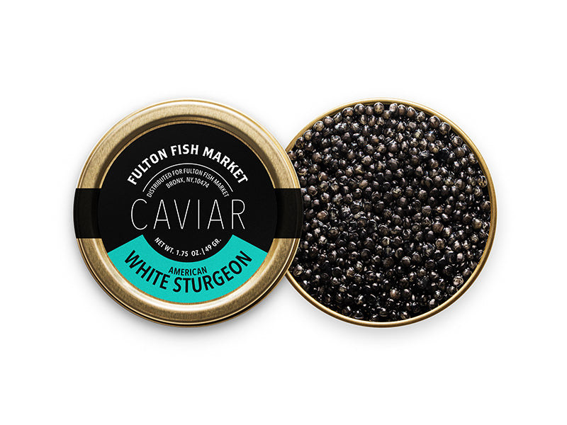 American White Sturgeon Caviar Tin Opened on White Background