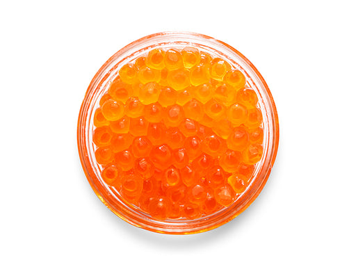 Close Up of Kosher Wild Salmon Roe in Jar on White Background