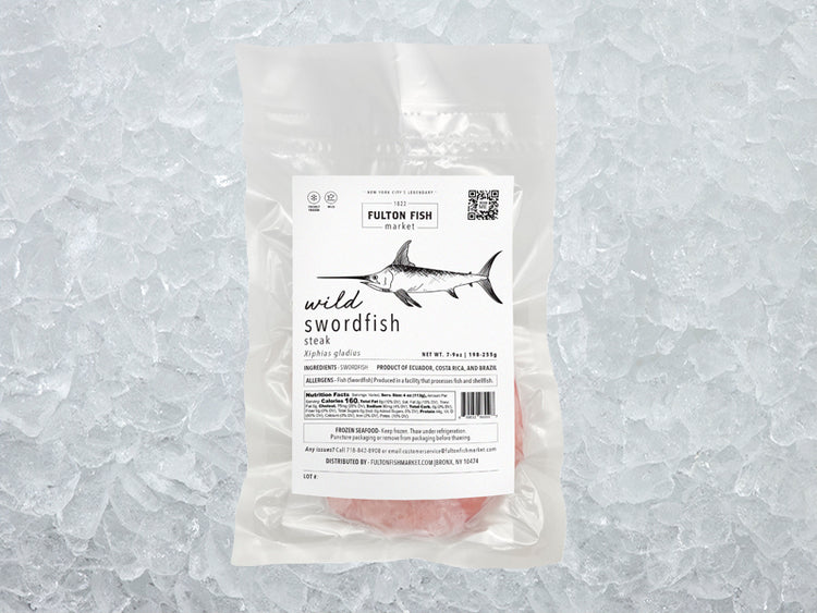 Swordfish front of package on ice