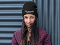 Black Beanie with Fulton Fish Market Logo on woman