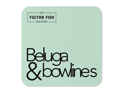 Mint Green Square Coaster with Fulton Fish Market Logo and "Beluga & bowlines" text