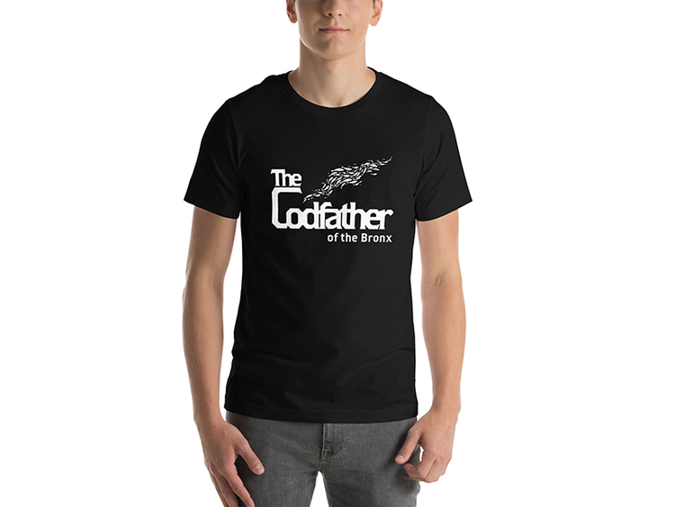 Front of the Codfather of the Bronx Black Unisex T-Shirt with white lettering on a male model
