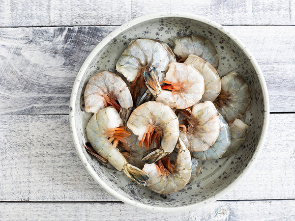 Wild Blue Shrimp in Bowl on Wood Table