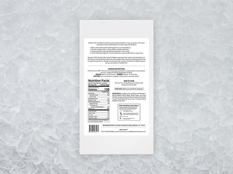 Back of Jumbo Bacon Wrapped Scallops package on ice