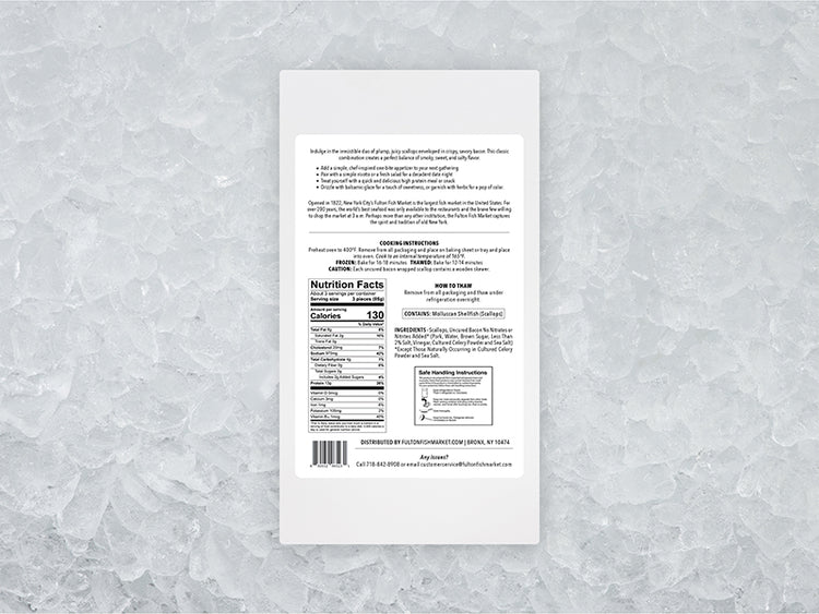 Back of Jumbo Bacon Wrapped Scallops package on ice