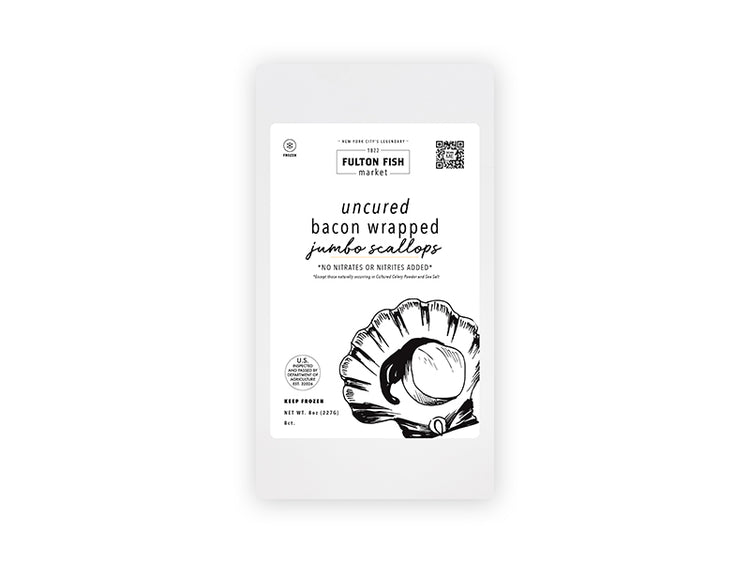 Front of Jumbo Bacon Wrapped Scallops package on white background