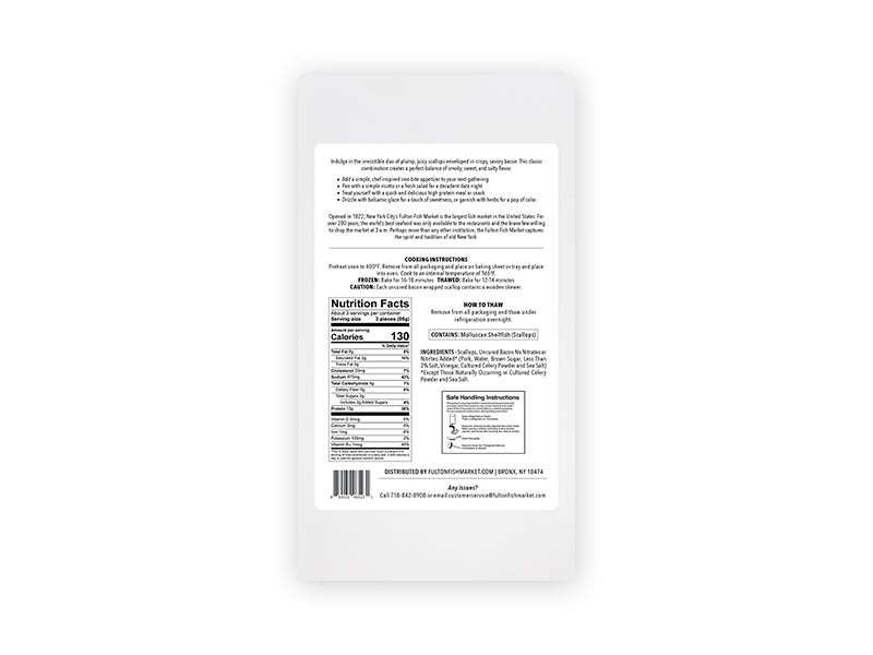 Back of Jumbo Bacon Wrapped Scallops package on white background