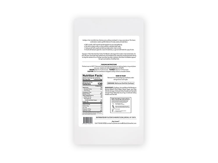 Back of Jumbo Bacon Wrapped Scallops package on white background