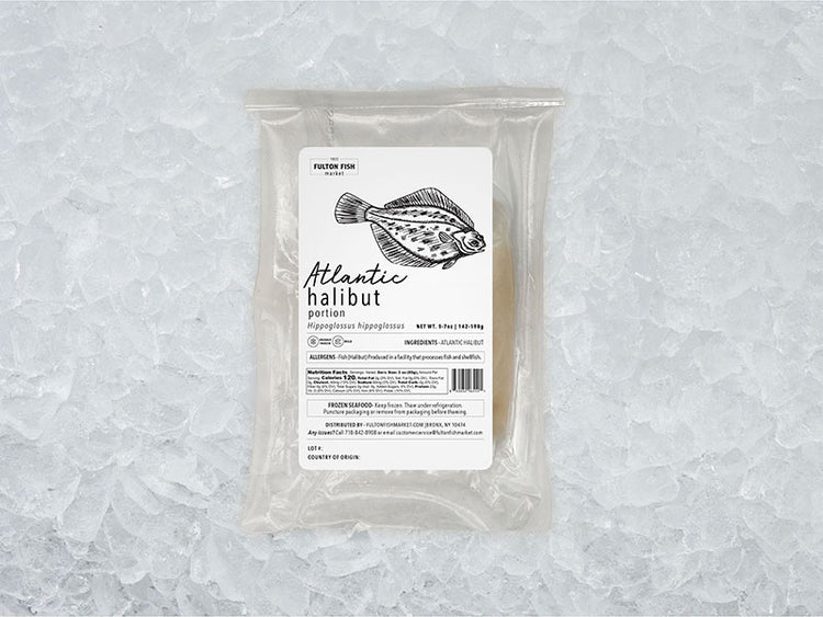 Atlantic Halibut portion front of package on ice