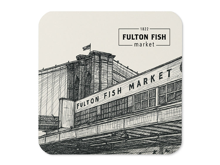 Square Coaster with Fulton Fish Market Logo and Illustration of the Old Fulton Fish Market